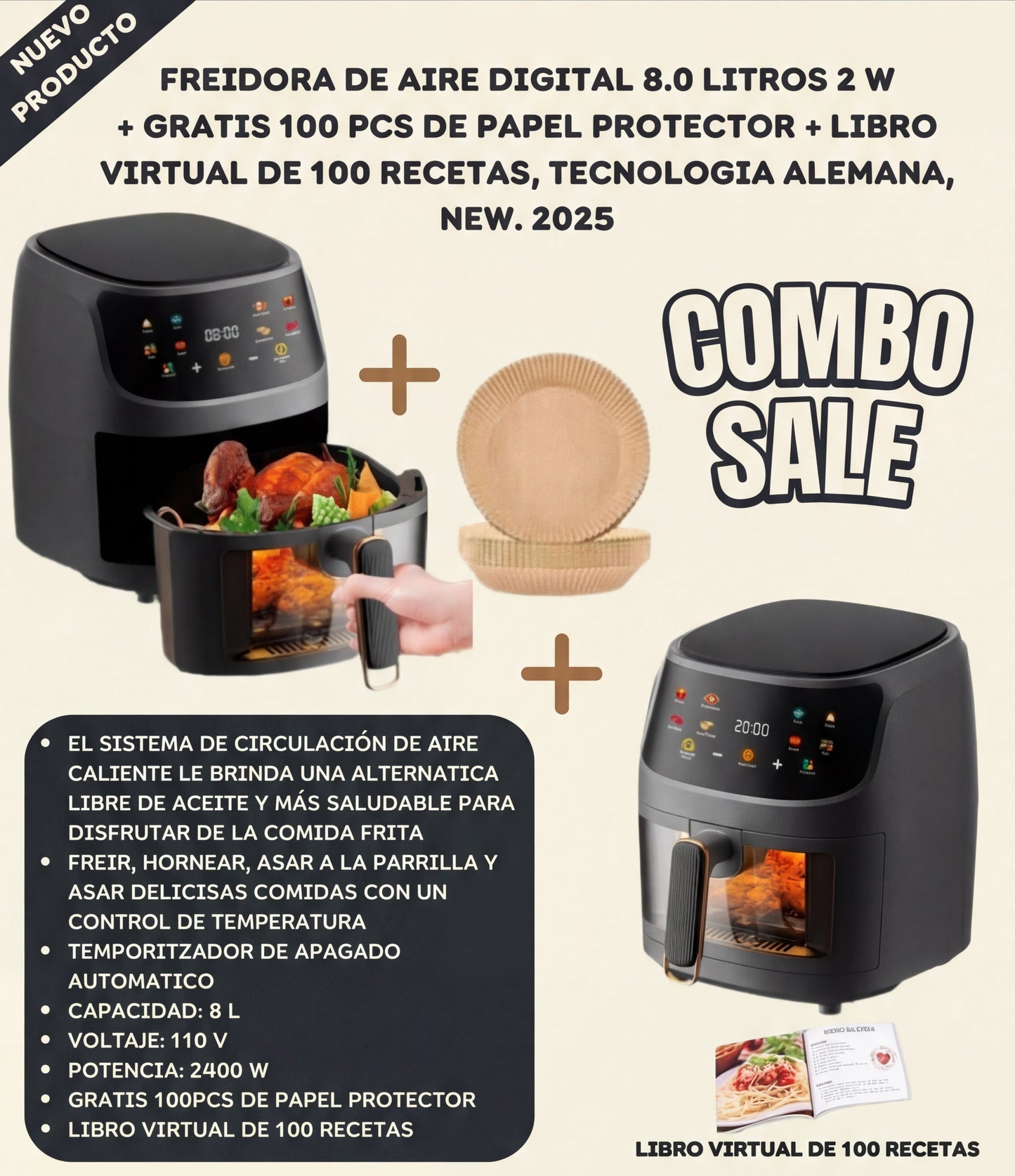 Freidora de Aire Digital – 10L + Papel Absorbente